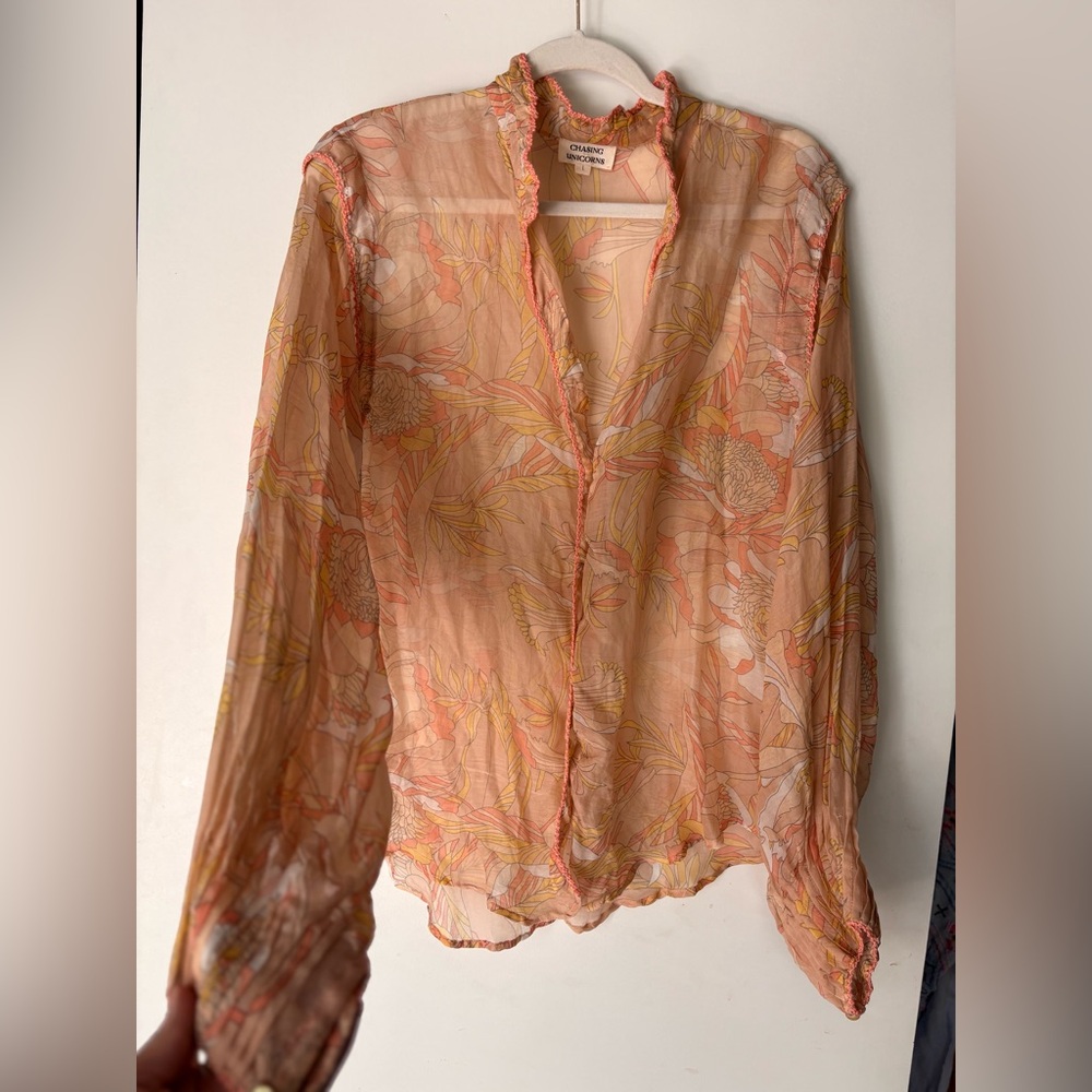Chasing Unicorns Sheer Peach Blouse with Yellow Accents